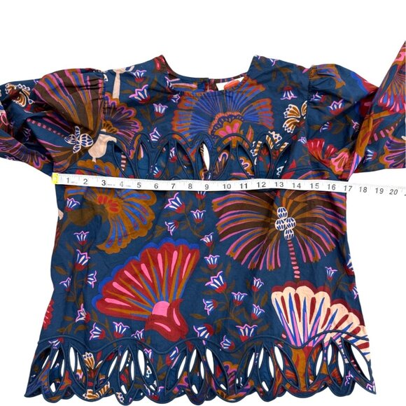 Farm Rio Anthropologie Cutwork Blouse Scalloped-Hem Balloon-Sleeve Top Women XXS - Picture 6 of 9